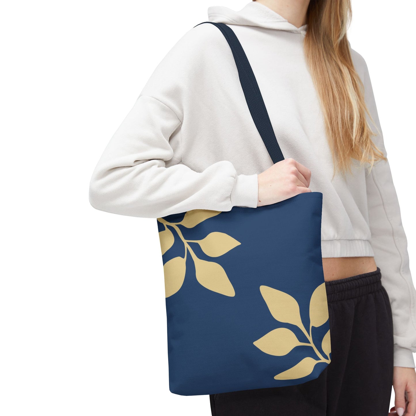 Navy Botanical Tote Bag – Minimalist Leaf Pattern All-Over Print